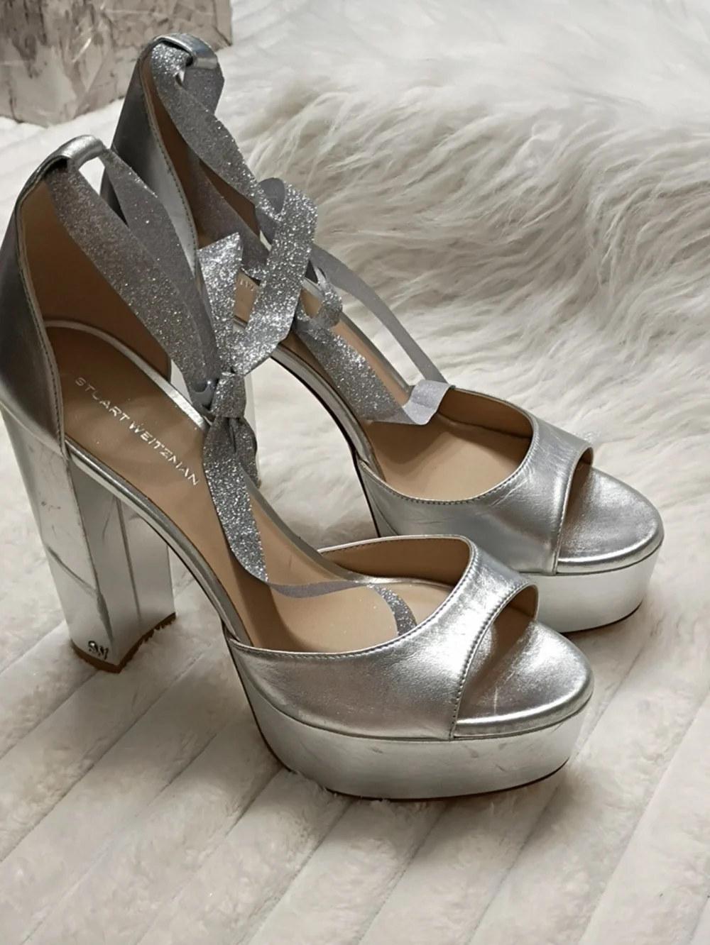 Stuart Weitzman Sabrina Silver High Block Heel Platform Sandals New W/Flaws